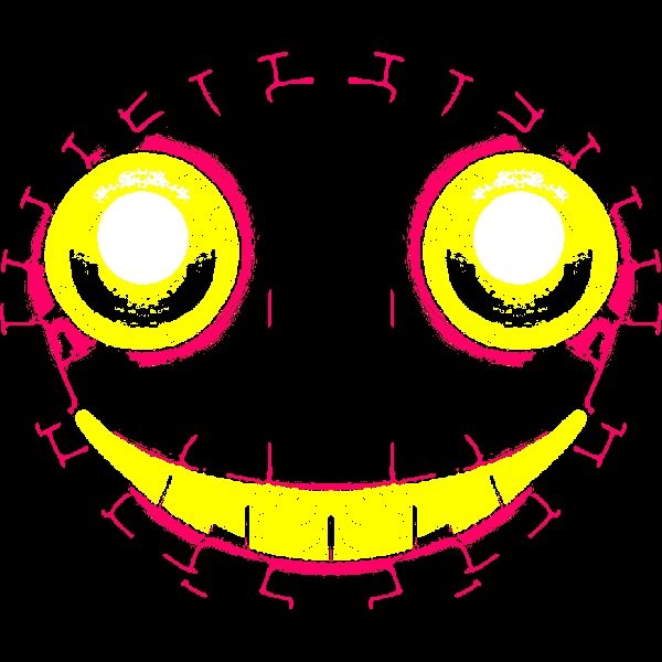 The character BSTRD from corru.observer. BSTRD appears as a grinning face with yellow eyes and teeth, surrounded by little red markings that somewhat resemble viral spike proteins.