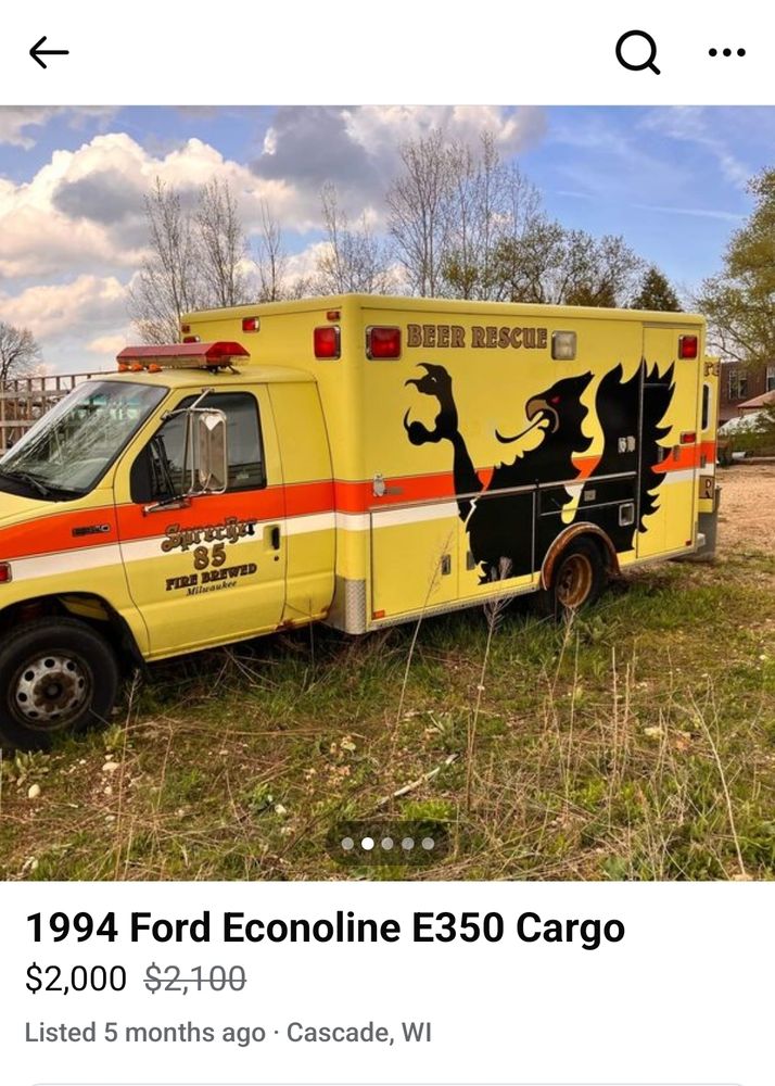 A yellow ambulance with a black gryphon on the side. It says "beer rescue" on the rear box and Sprecher fire brewed on the door, referring to the Sprecher brewery in Wisconsin. (who makes my favorite root beer) 