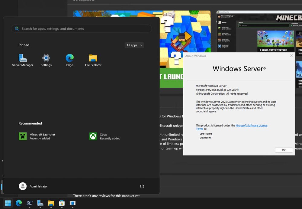 The Microsoft Store, Xbox app, and Minecraft Launcher happily existing (and functioning) on Windows Server 2025 Datacenter without a damn care in the world