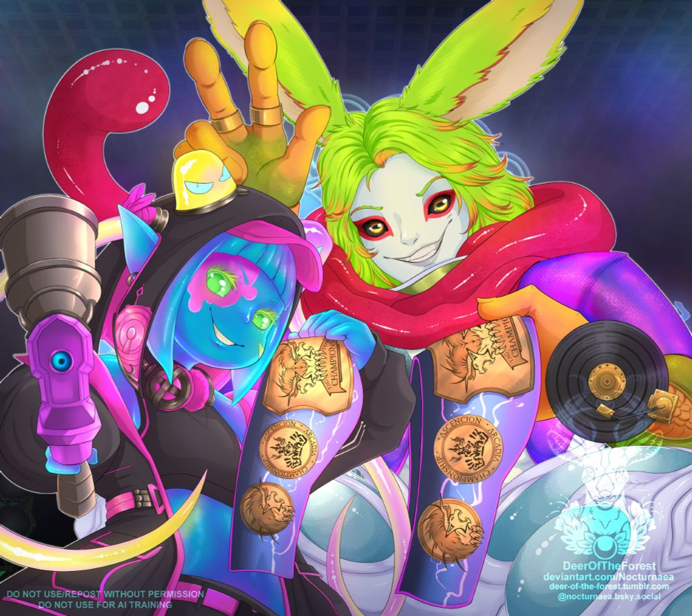 FFXIV Raid bosses Sugar Riot and Dancing Green next to one another, proudly presenting their wrestling belts denouncing them as the Tag Team Champions to the viewer. They are looking at the viewer, with Sugar Riot pointing one of her paint guns straight ahead. Dancing Green is not wearing his signature glasses.