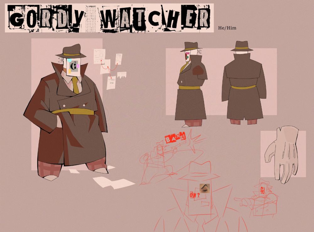 Character sheet for Gordy Watcher. He's wearing a trench coat, plaid pants, a fedora, and a sheet of paper over his face with various clippings pasted on. There's shots of him from various angles along with small doodles of him at the bottom.