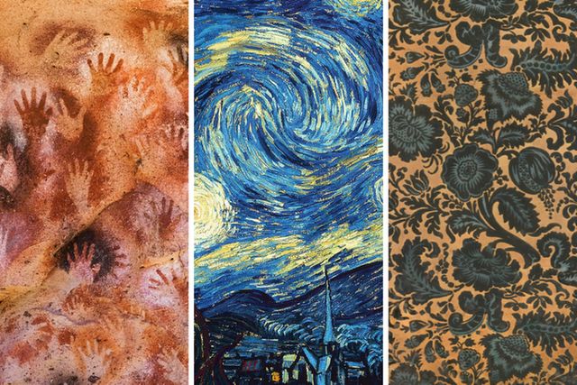 Three vertical panels display distinct artistic styles: the left panel features prehistoric hand stencils in reddish-brown pigment on a cave wall, overlapping to form a dense pattern; the centre panel shows a swirling night sky in vibrant blues and yellows from Van Gogh’s “The Starry Night,” with a village and cypress trees below; the right panel displays a vintage floral wallpaper pattern with intricate black flowers and vines on a tan background, evoking a classical decorative style.