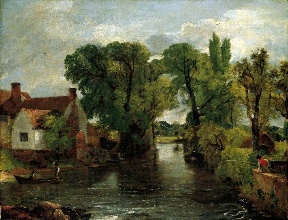 Oil painting of a river scene with agitated water in the foreground, flanked by trees and buildings. On the left is Willy Lott’s House, with a ferry boat nearby. A boy fishes on the right-hand bank. Above the river, a kingfisher is just visible in flight.