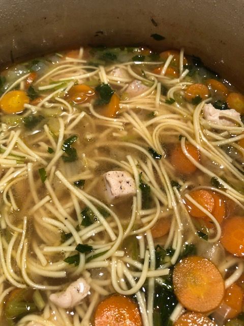 chicken, carrot, onion, celery, fine egg noodles, rosemary, parsley.