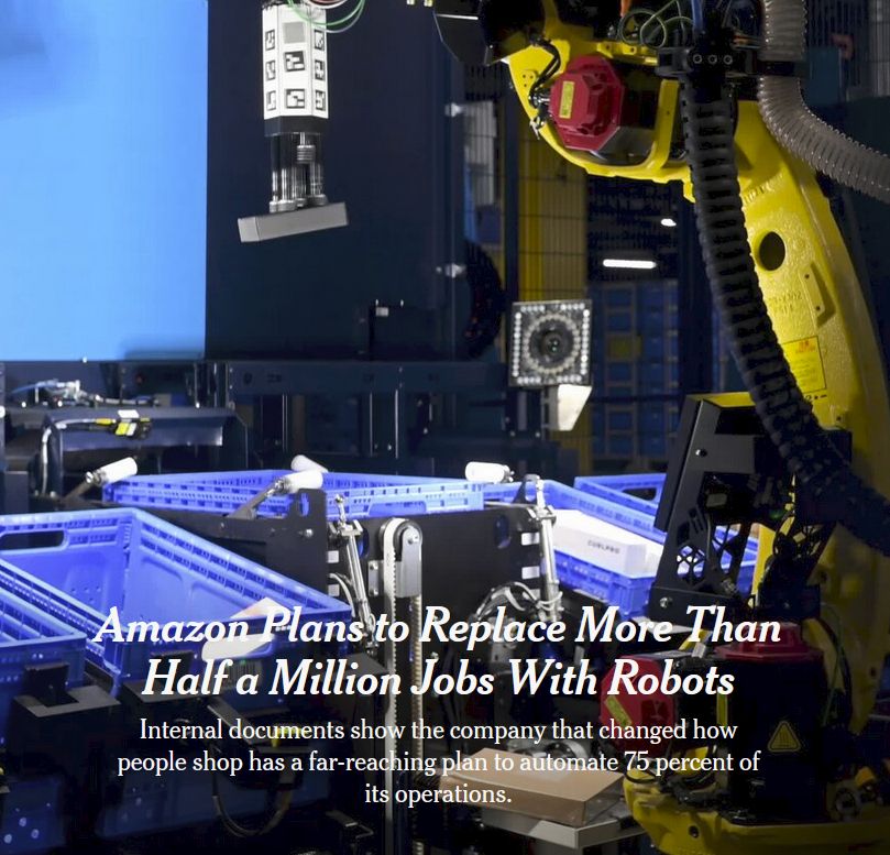 Amazon Plans to Replace More Than Half a Million Jobs With Robots, a 10/21/2025 headline in the New York Times with a photo of a Robot