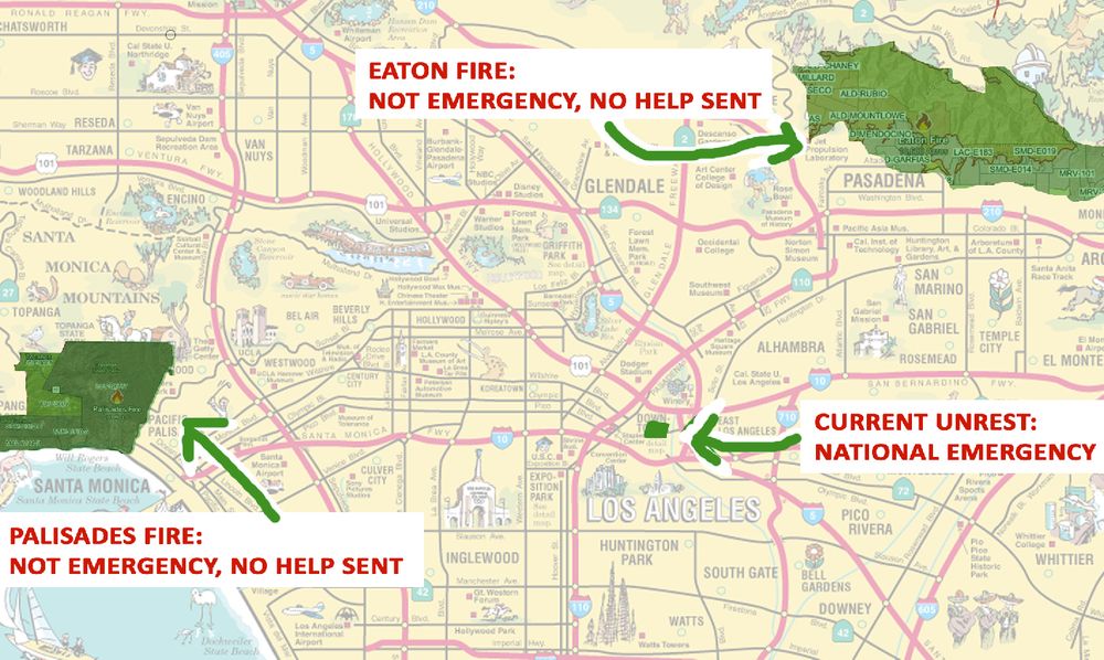 map of los angeles showing the size of the Palisades Fire and the Eaton Fire in comparison with the "unrest" taking place in downtown Los Angeles