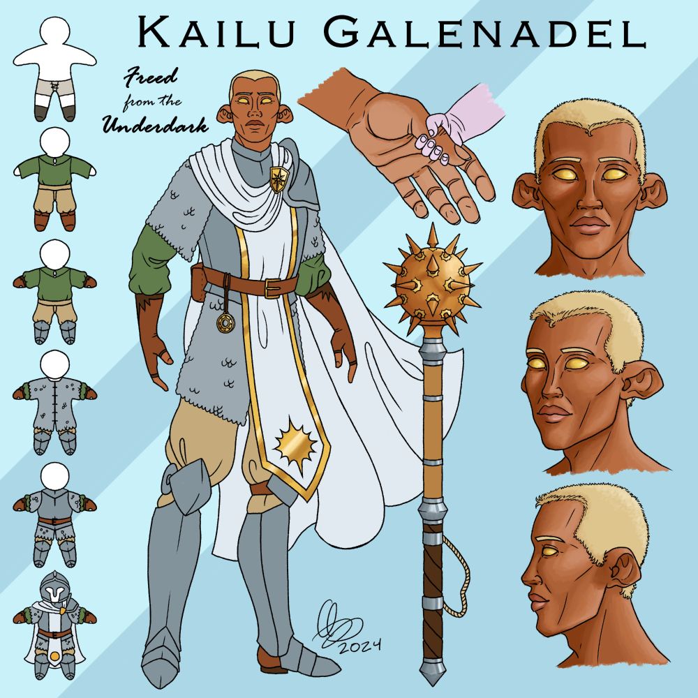 A drawn character reference for Kailu, a half elf cleric. It includes a full-body drawing, a small outfit breakdown, 3 views of his face, a drawing of his morningstar, and a drawing of his hand with his thumb in a baby's grip.