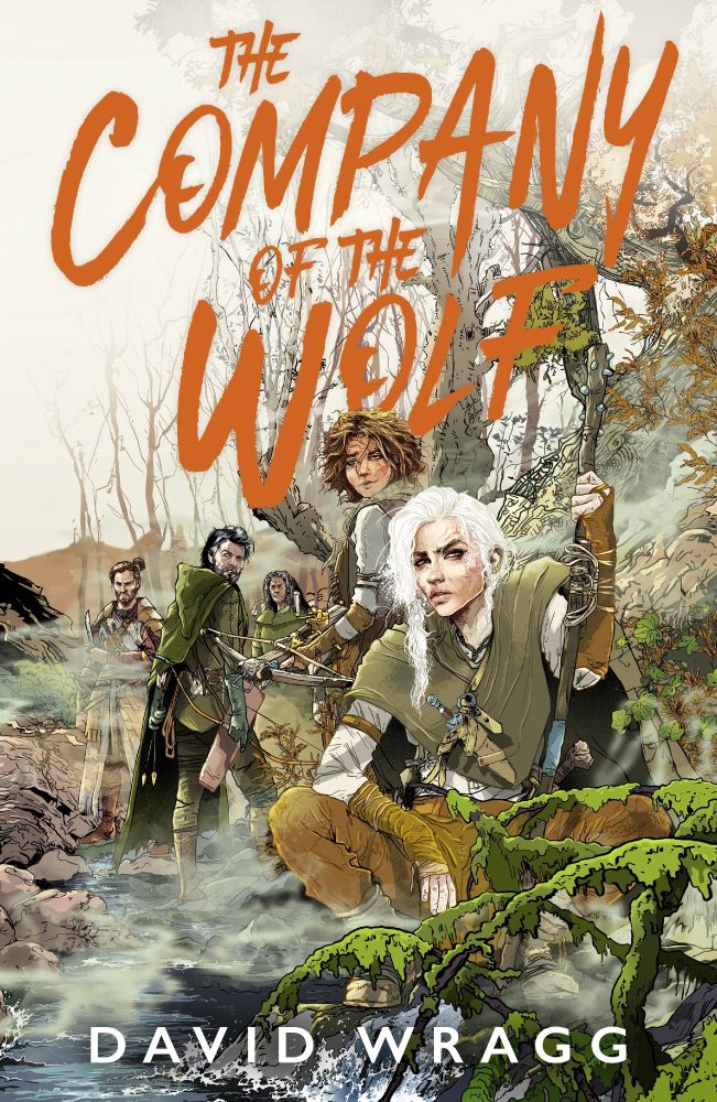 The cover of The Company of the Wolf, drawn by Gavin Reece and designed by Emily Langford. It shows a crouching white-haired woman looking sceptical, while behind her a teenaged girl holds a crossbow and looks, well, a bit spaced out to be honest. Behind them are some other reprobates. It's misty.