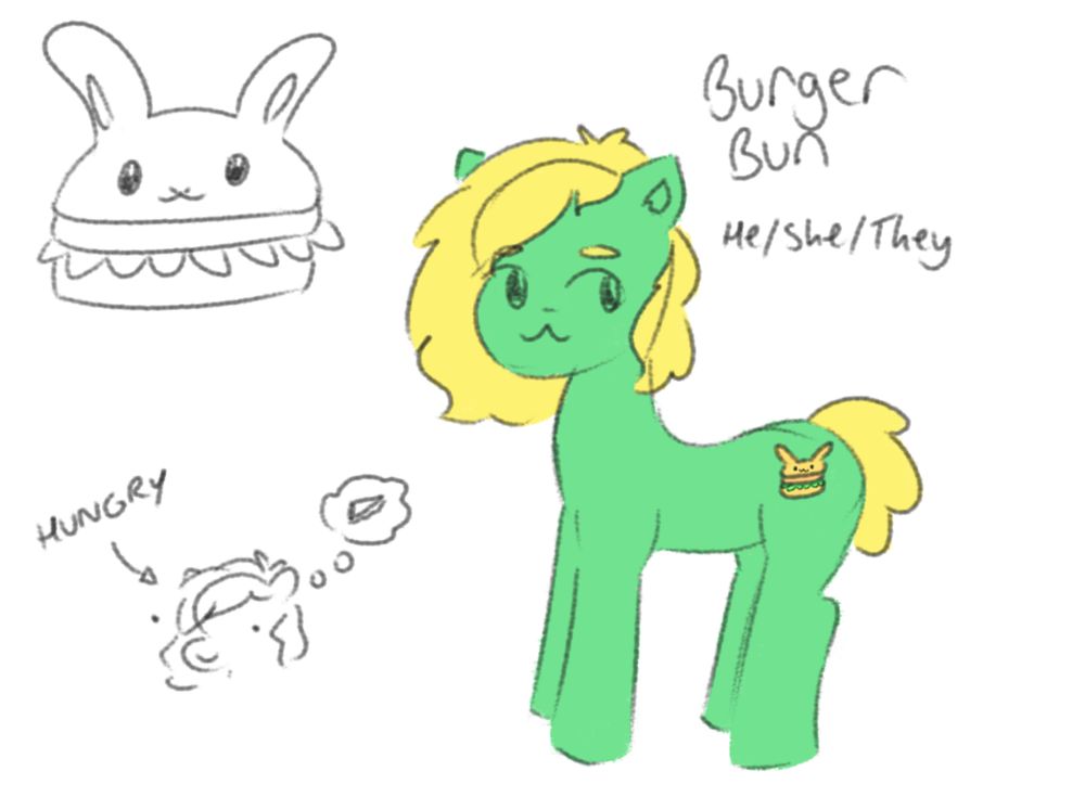 Digital doodle of 'Burger Bun' (he/she/they), a light green earth pony with short blonde hair and a cute, goofy expression. Their cutie mark is a hayburger in the shape of a bunny rabbit. There is a small doodle of Burger Bun thinking about a sandwich, with the label "HUNGRY".