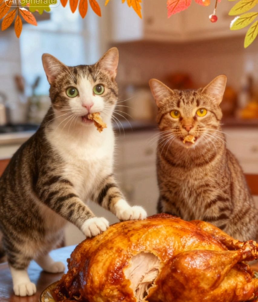 Cats eating turkey on Thanksgiving