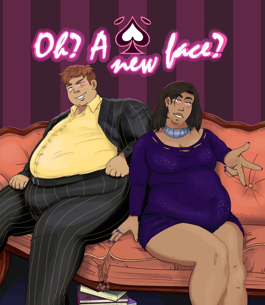 Drawing of characters Token and Penny from Tastescomics' District 96 sitting on a slightly broken couch, inviting the viewer to step closer. They are smiling. They are wearing dressy clothing that huges their ample figures. There is a spade symbol in the background. Text on top reads: Oh? A new face?