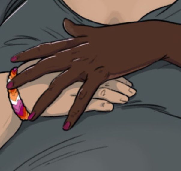 Lesbian couple's hands resting on top oneanother on the stomach of the bigger one of them.