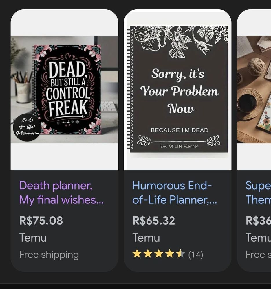 variações do caderno planejador de morte com capas que dizem "DEAD, BUT STILL A CONTROL FREAK" e "sorry, it's your problem now BECAUSE I'M DEAD"