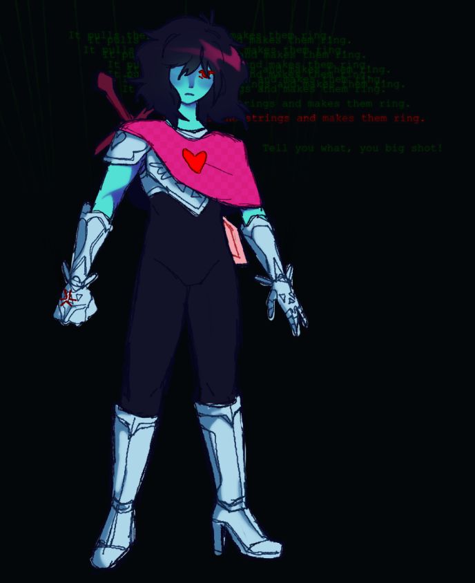 kris is standing against a black background neutrally, save for their right hand clenched in a fist. behind them is the text "It pulls the strings and makes them ring" repeated, one of them red, followed by the text, in green again "Tell you what, you big shot!". green strings in low opacity connect to their upper body.