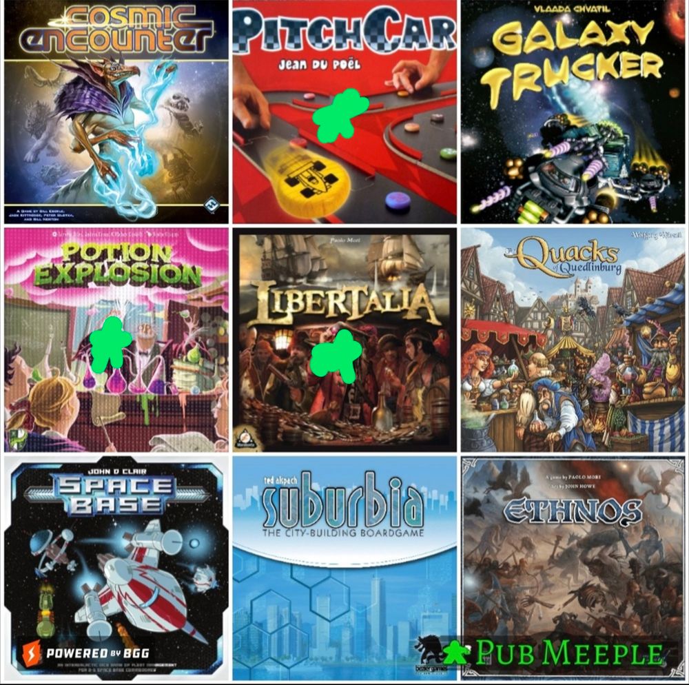 Cosmic Encounter, PitchCar, Galaxy Trucker, Potion Explosion, Libertalia, Quacks of Quedlinburg, Suburbia, Ethnos