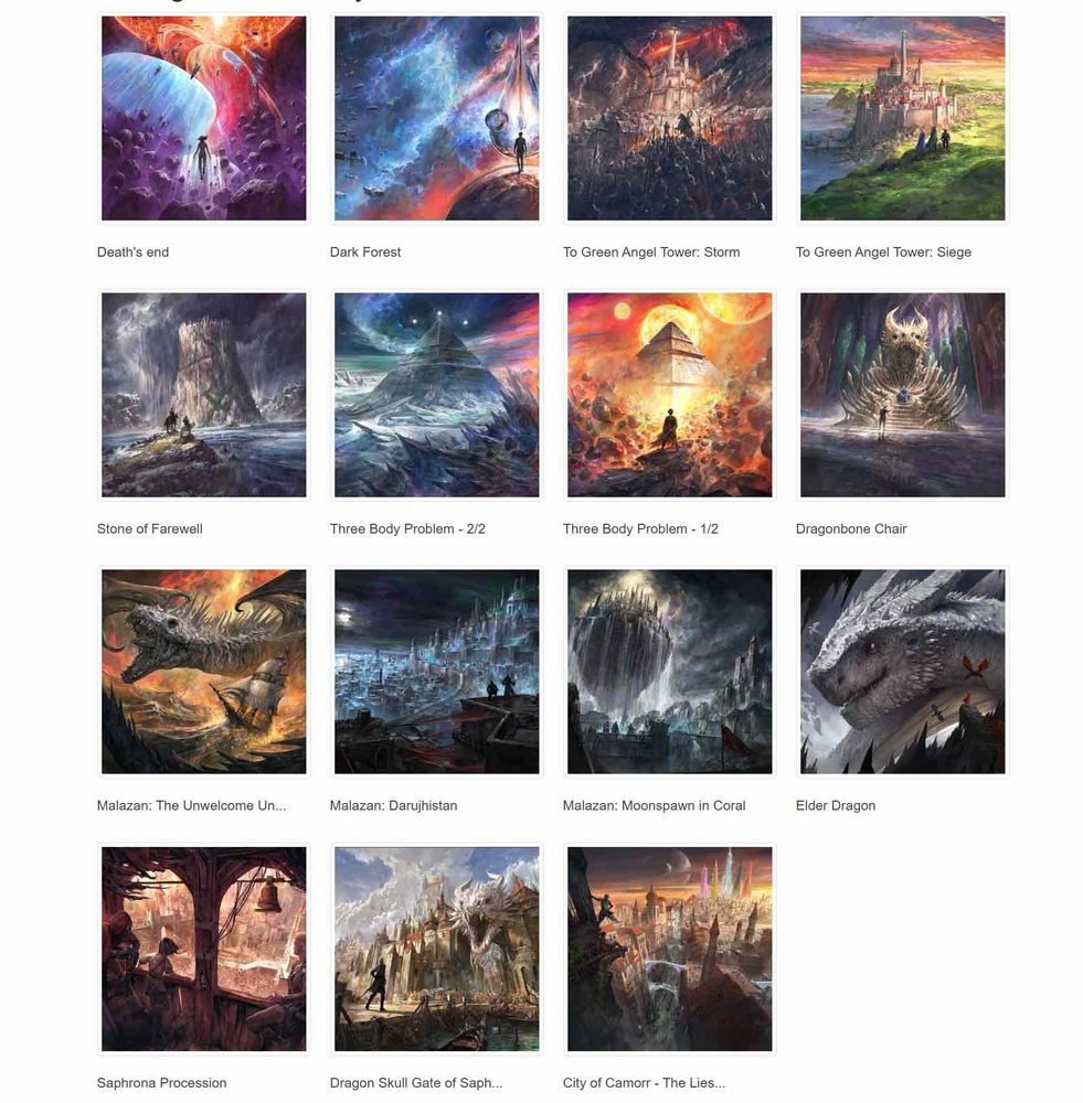 Thumbnail images showing artwork prints available, science fiction and fantasy illustrations