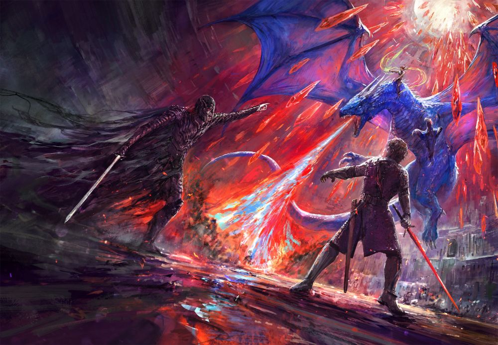 Dragon Saphira crashing through red crystal and breathing fire down on enemies, sword fight between Eragon and Durza in foreground