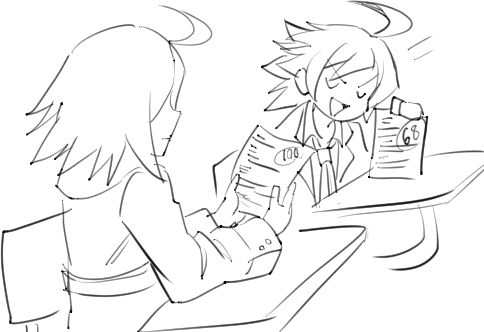 Hyde Kido and Seth from Under Night In-birth sitting in a classroom holding graded paper tests. Seth has received a 100, while Hyde has only a 68, and is bragging about it to Seth.