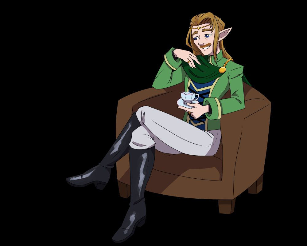 A masculine elf sits in a brown arm chair with his legs crossed. He wears a fine green coat with blue paneling and yellow trim, a golden circlet, white pants, and dark leather boots. A dark green cape settles around one shoulder, held in place by golden button and braid. His dirty blond hair reaches just past his shoulders and is largely swept back from his face, and he has a neatly trimmed mustache. He sits with one hand gently holding a teacup and saucer, the other resting just above his chest. He looks down with a slight smile. His eyes are a deep dark blue, and fine wrinkles frame his expression.