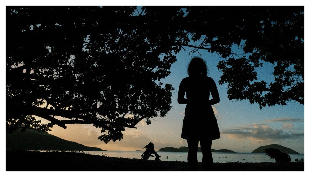 Wide angle landscape of beach at dusk, in the foreground, silhouette of a woman standing beneath a tree, looking at the horizon. The tree branches part perfectly to fit the shape of her body in the composition.