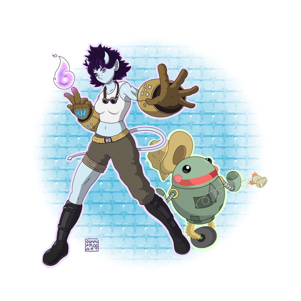 A pale blue tiefling artificer from DnD. They’re wearing brown pants with one leg rolled up, tall black boots, white tank top, and large round mechanical gauntlets. Next to her is her steel defender Skippy, a frog shaped automaton.