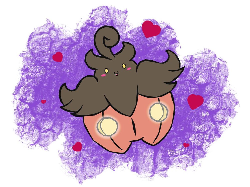 A sweet little Pumpkaboo with blushing cheeks, surrounded by little hearts and a purple splotchy background.