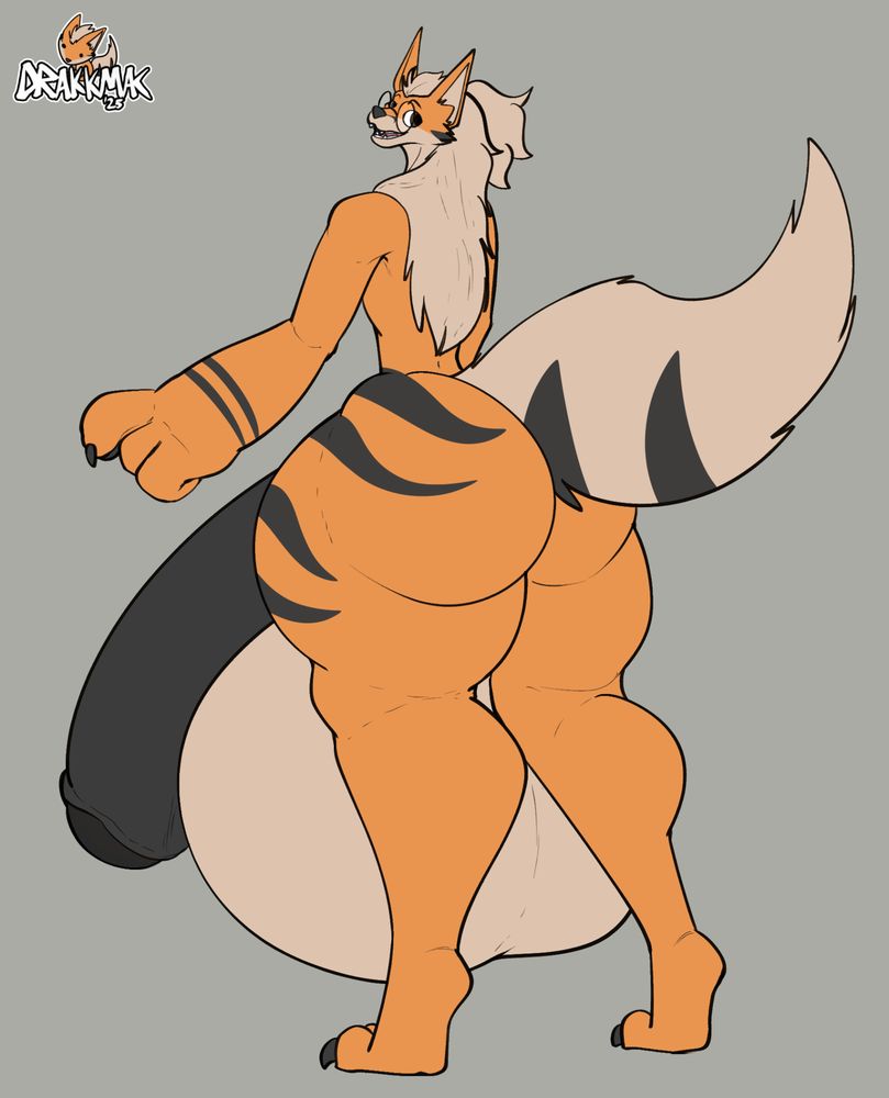 Fox with stripes that isn't an arcanine showing his back towards viewer with his head turned to the viewer, smiling. He is completely naked except wearing big round glasses. He is pretty curvy, his dick and balls are pretty massive, sadly outshining his butt but hey, we get to see the nice thighs pronouncing the curve. oh and long hair and big tail...