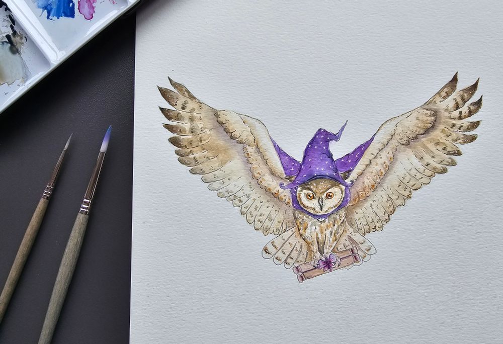 Watercolour painting of owl in flight with wizard hat and cloak