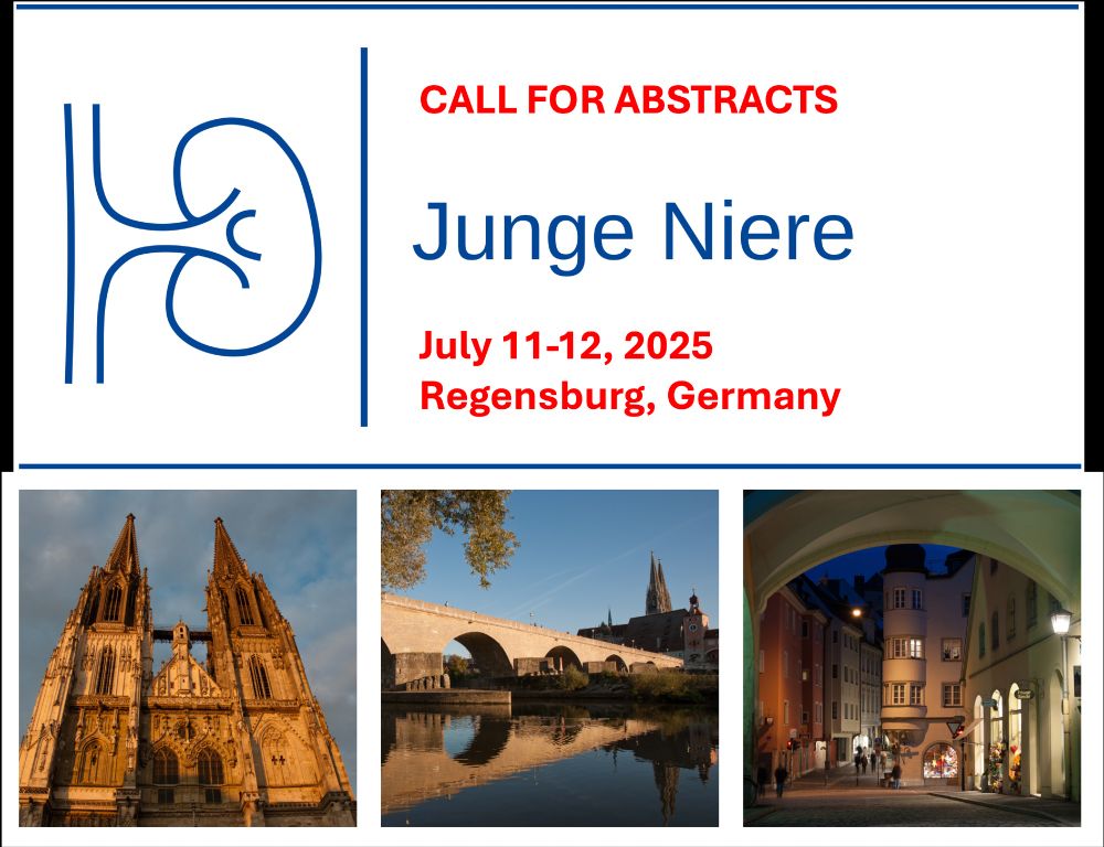 Call for abstracts, Junge Niere renal research meeting for early career clinician scientists. July 11-12, 2025 in Regensburg, Germany.