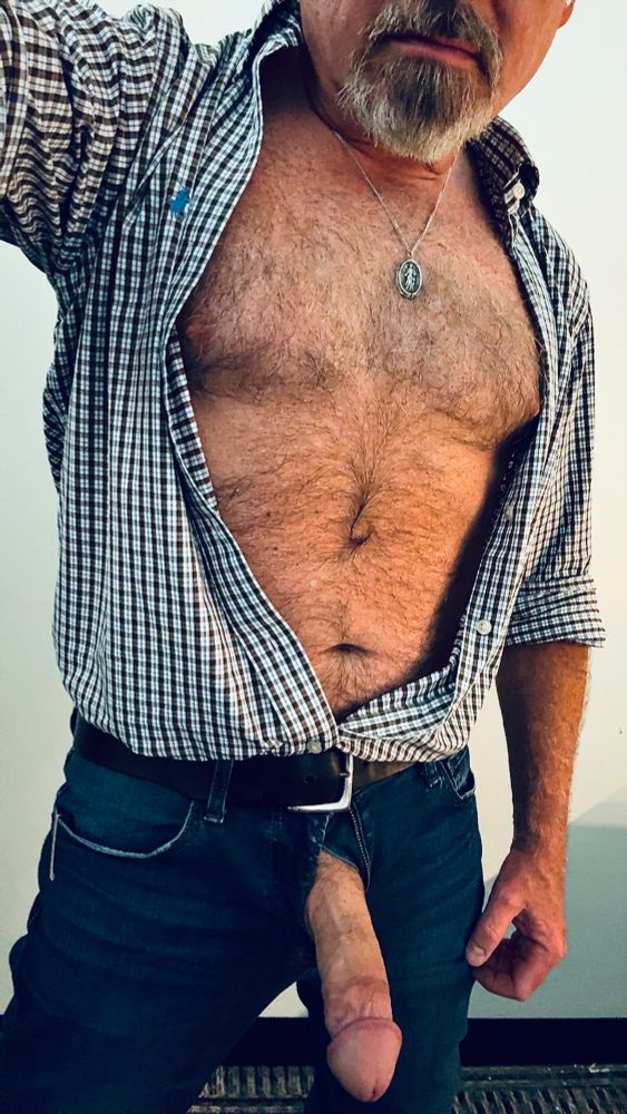 Furry Dad, shirt unbuttoned and fat cock hanging out of his unzipped jeans. 