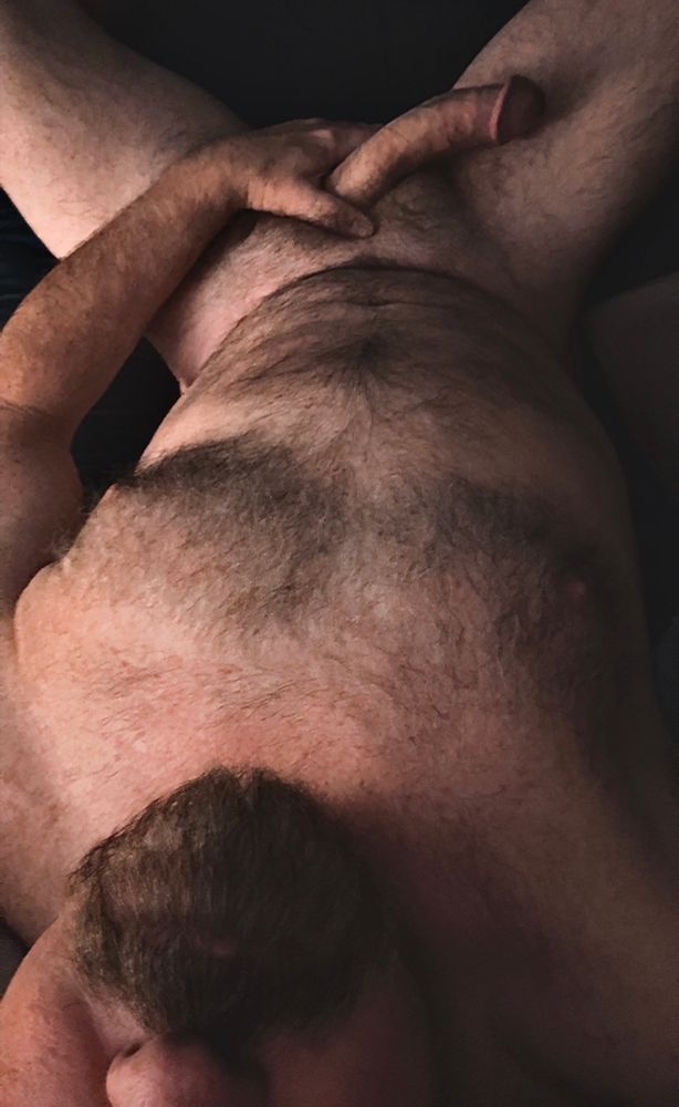 Furry naked Dad laying in bed with a hard thick cock. 