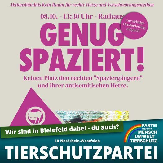 Aktionsbündnis kein Raum für rechte Hetze und Verschwörungsmythen
08.10.- 13:30 - Rathaus
Genug Spaziert!
Keinen Platz den rechten "Spaziergängern" und ihrer antisemitischen Hetze.