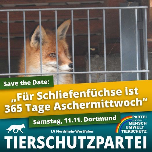 Ein Fuchs in einem Käfig 
Safe the Date: 
"Für Schliefenfüchse ist 365 Tage Aschermittwoch" Samstag, 11.11. Dortmund
LV Nordrhein-Westfalen
TIERSCHUTZPARTEI
PARTEI ergreifen! MENSCH UMWELT TIERSCHUTZ