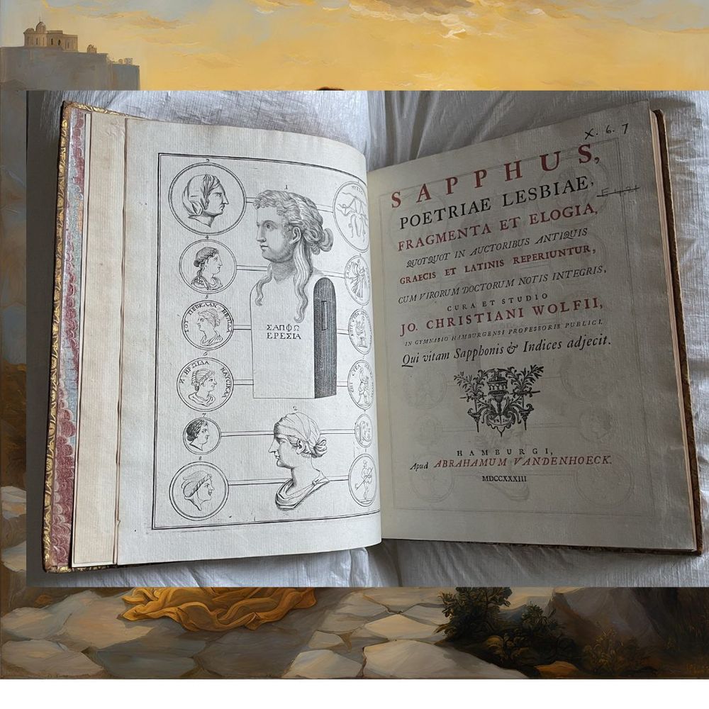 Open book of Sappho's poetry by Johann Christian Wolf published in 1733 showing the frontispiece. 