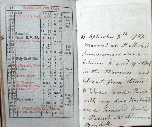 Page from almanac records: “Married at St Martin’s Ironmonger Lane between 8 and 9 o’clock in the Morning – and set out from thence to Dover and Paris with my dear Husband and honored Uncle & Parent Mr Alderman Boydell.”