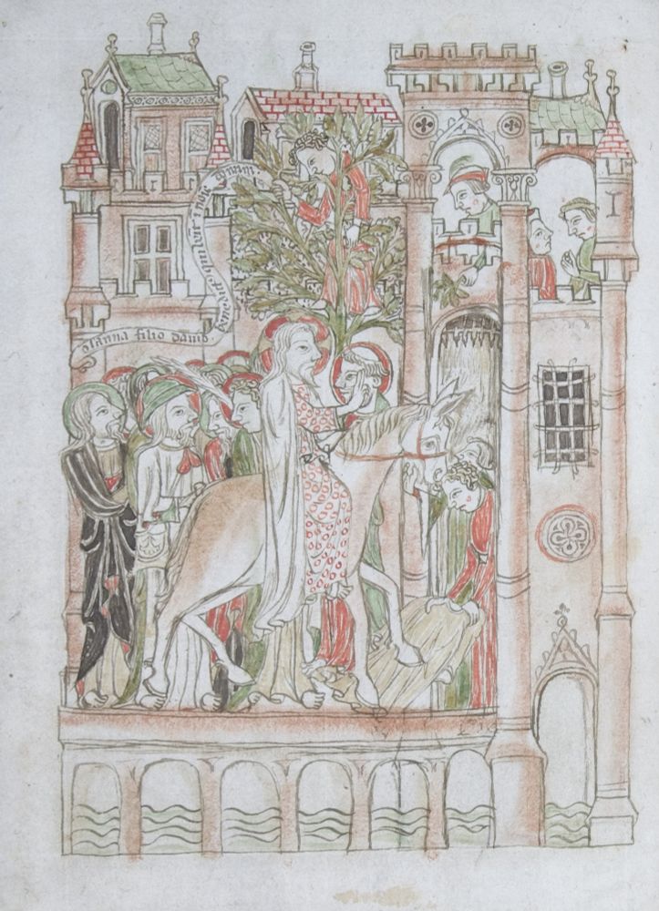 Christ rides a donkey through a crowd. A man spreads a cloak on the ground before the donkey, while others cut palm branches.

