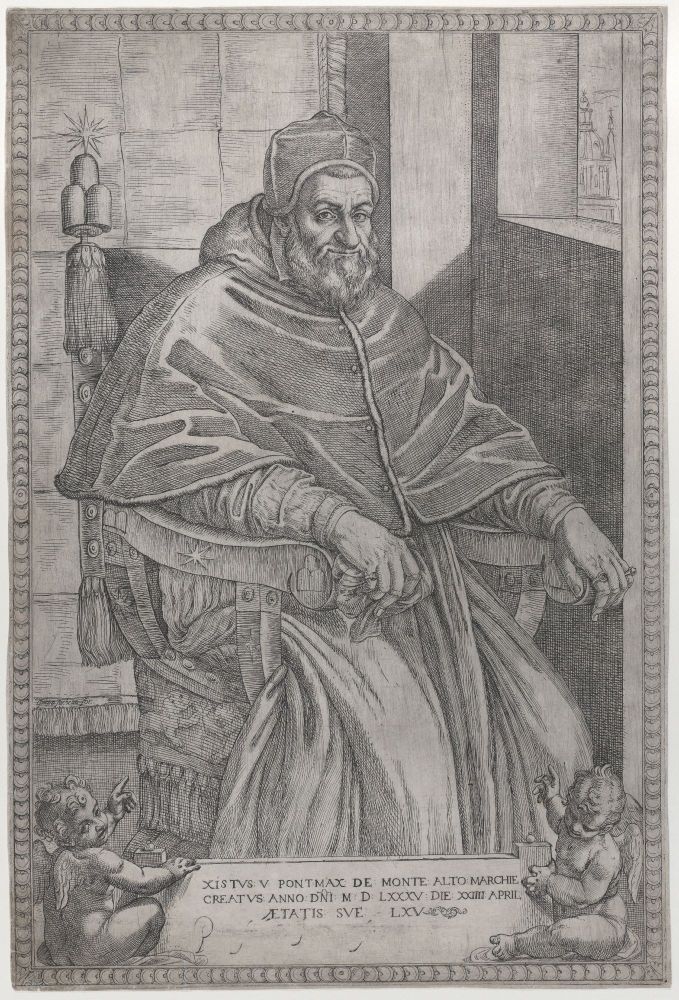 Engraved drawing of pope Sixtus the Fifth. He is seated, wearing a cassock and hat. He has a beard