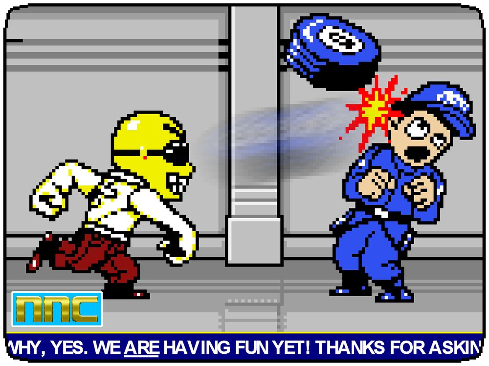 River City Ransom-esque pixel art of Nutroll hitting an I.C.I. guard with a thrown tire.