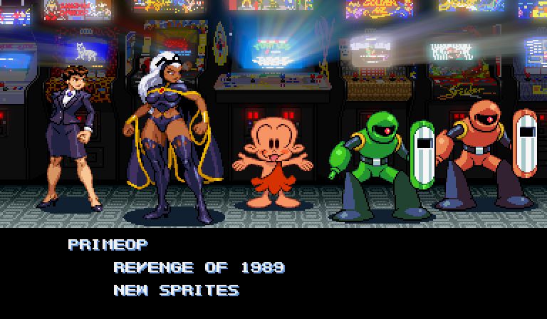 pixel art sprites, left to right: Irene Lew, Storm, Bonk, Sniper Joe, Returning Sniper Joe 
text:
PrimeOp
Revenge of 1989 New Sprites