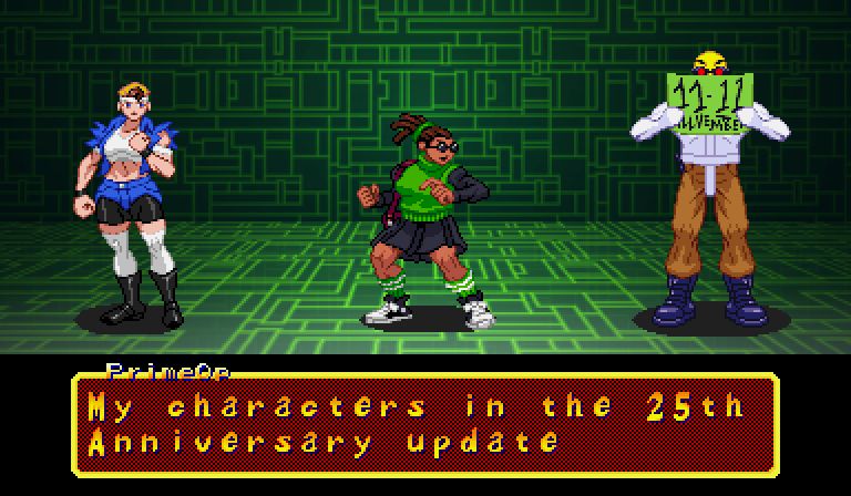 pixelart.
Left to right: Jilly Biehn, Vonetta (a.k.a. Vernacula), and Nutroll.
Nutroll is holding a sign partly over his mask that says "11-11 illvember." He seems to be up to something, as usual.