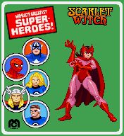 pixel art.
Scarlet Witch spell-casting sprite on a green Mego World's Greatest Super-Heroes Marvel card back.