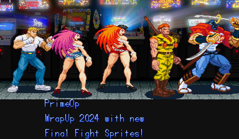 Text: WrapUp 2024 with new Final Fight sprites!
pixel art: Cody, Poison, Roxy, Rolento, Sodom