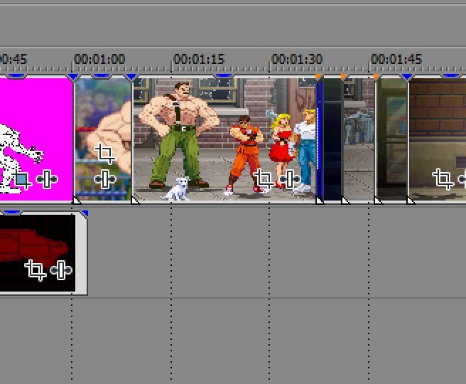 snapshot from Vegas Pro showing part of the timeline of the 2025 Final Fight Sprite Showcase video. A shot with Haggar, Shiro the dog, Guy, Jessica, and Cody is clearly visible.