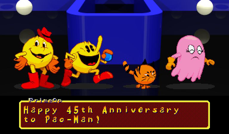 pixel art of Ruby-Spears Pac-Man, Tadashi Yamashita Puck-Man, Ruby-Spears Sour Puss the cat, and Pinky.

Text:
PrimeOp
Happy 45th Anniversary to Pac-Man!