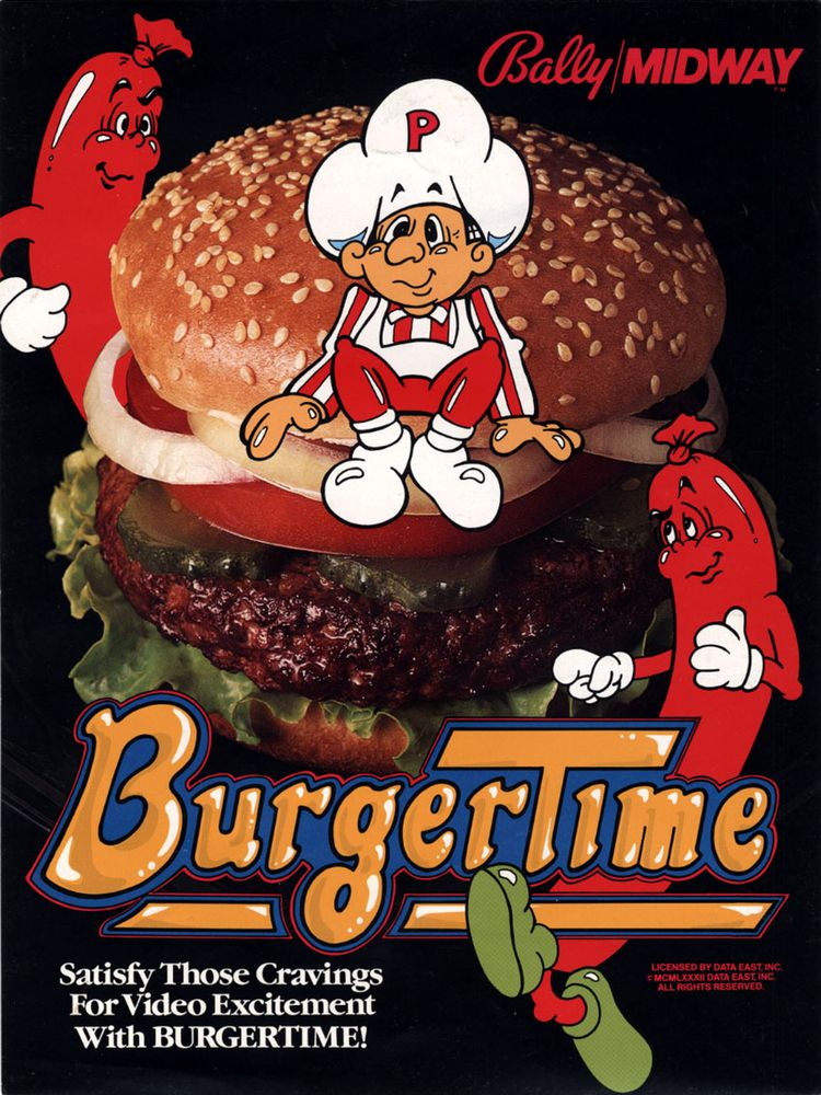 U.S. BurgerTime arcade flyer with a differently styled Peter Pepper, with the letter P on his hat, sitting on a photographed hamburger and surrounded by the food enemies.