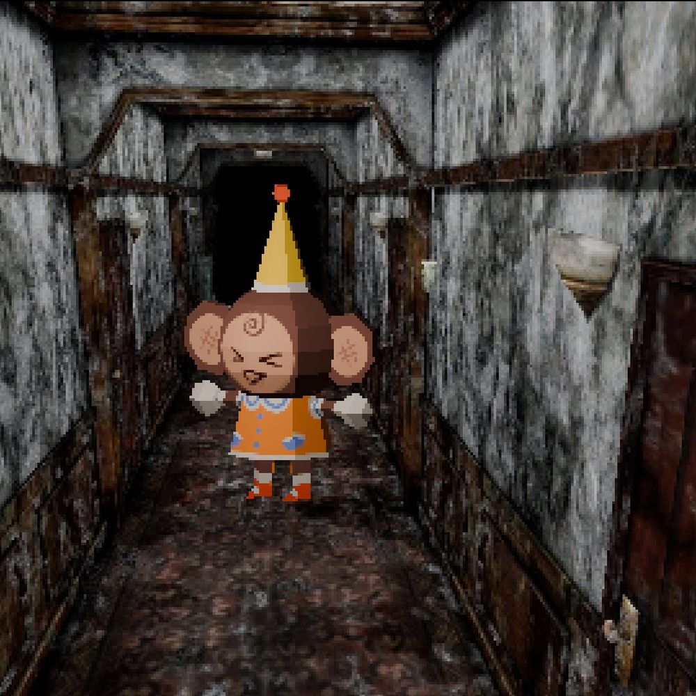 low poly monkey in silent hill 2 hallway