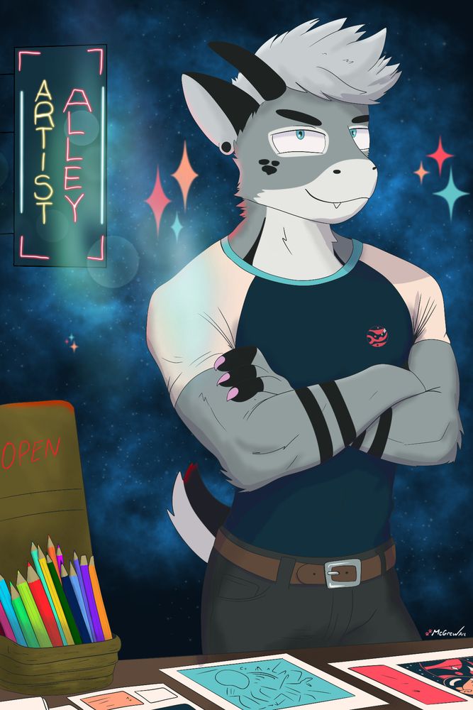 Depicted is an anthropomorphic artist, selling various art pieces on a plain table.
He is standing upright, with pencils nearby him. 
In the background is a neon sign with the words "Artist Alley"
Art by @Tel_McGrew 