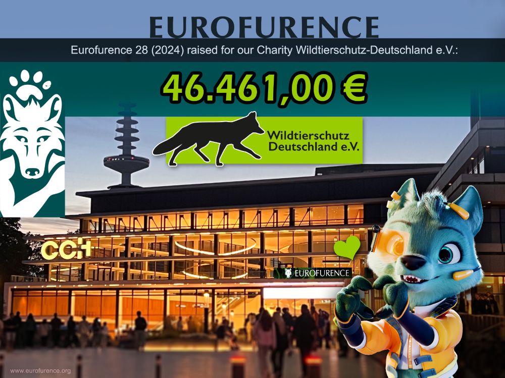 A poster with a picture of the CCH in the background. In the foreground, the names and logos of Eurofurence and this year's charity, Wildtierschutz Deutschland e.V., are shown, as well as the amount of money donated. Also in the foreground, Greeny, the anthropomorphic green wolf, is shown, making a heart gesture with her hands.