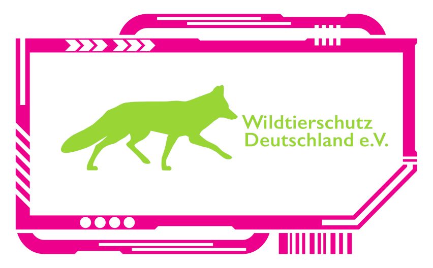 The logo of this year's charity, Wildtierschutz Deutschland e.V., a green fox walking from left to right and the name of the charity, all enclosed by a "cyberpunk-like" neon-magenta border.