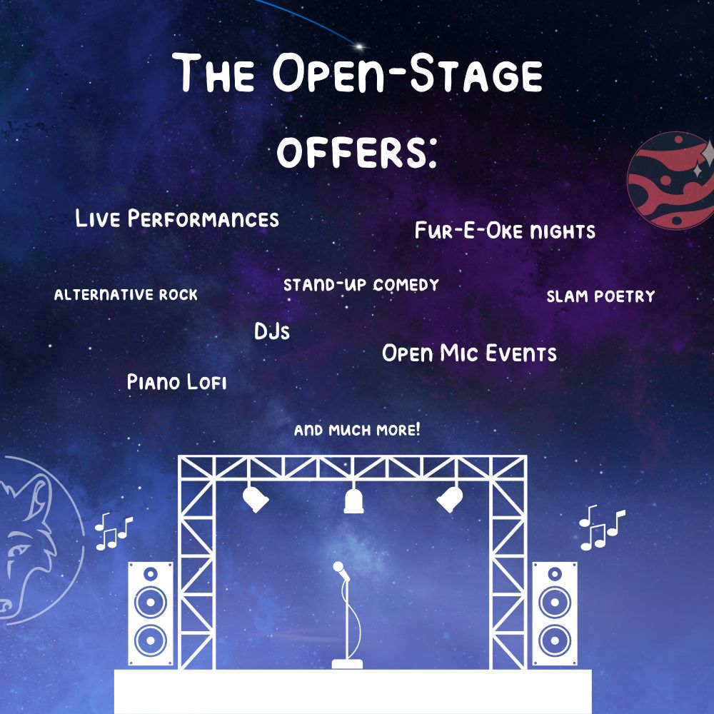 The image consists of various small texts, listing what types of events are present at the open Stage.

The text reads:" The Open-Stage Offers: Live Performances, Fur-E-Oke nights, alternative rock, stand-up comedy, slam poetry, piano lofi, DJs, Open Mic events, and much more! "